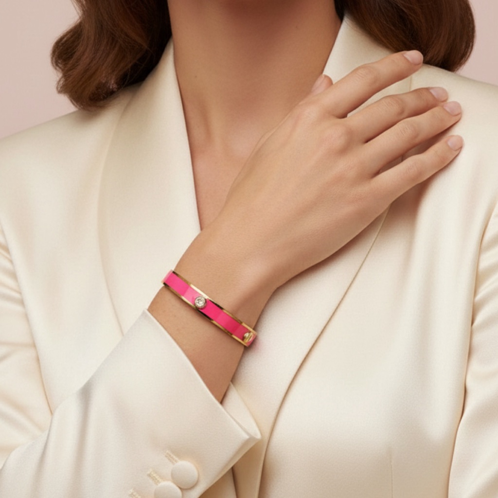 C. Wonder (Tory Burch) Signature Screw Stud Enamel Bangle In Hot Pink